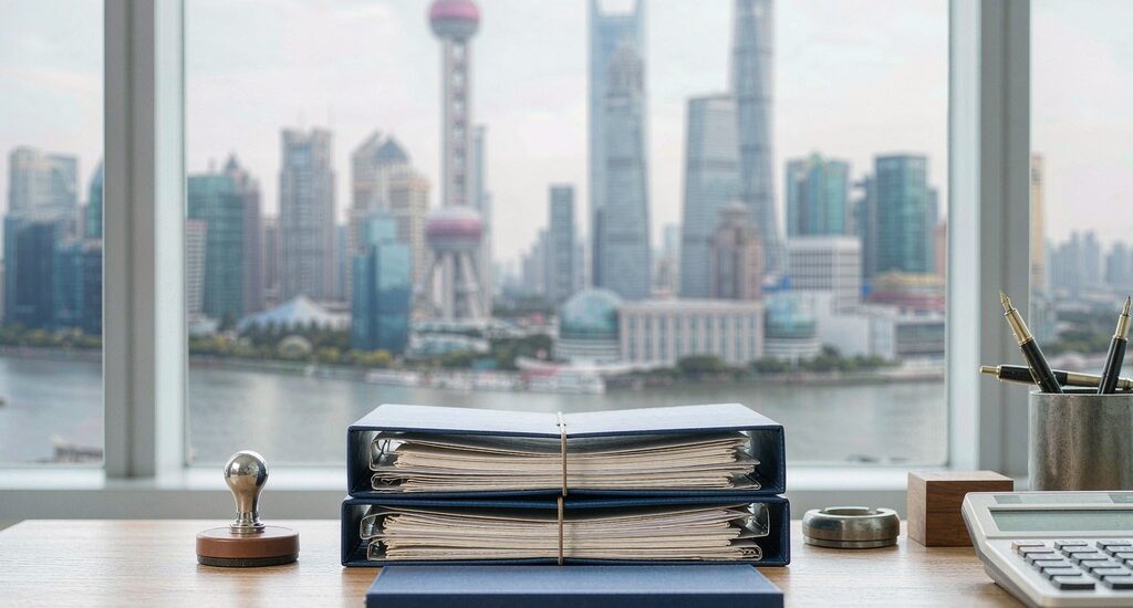 上海陆家嘴天际线与黄浦江窗景前的办公桌面，摆放着两份并排的申报卷宗、未刻字印章与计算器