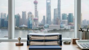 上海陆家嘴天际线与黄浦江窗景前的办公桌面，摆放着两份并排的申报卷宗、未刻字印章与计算器